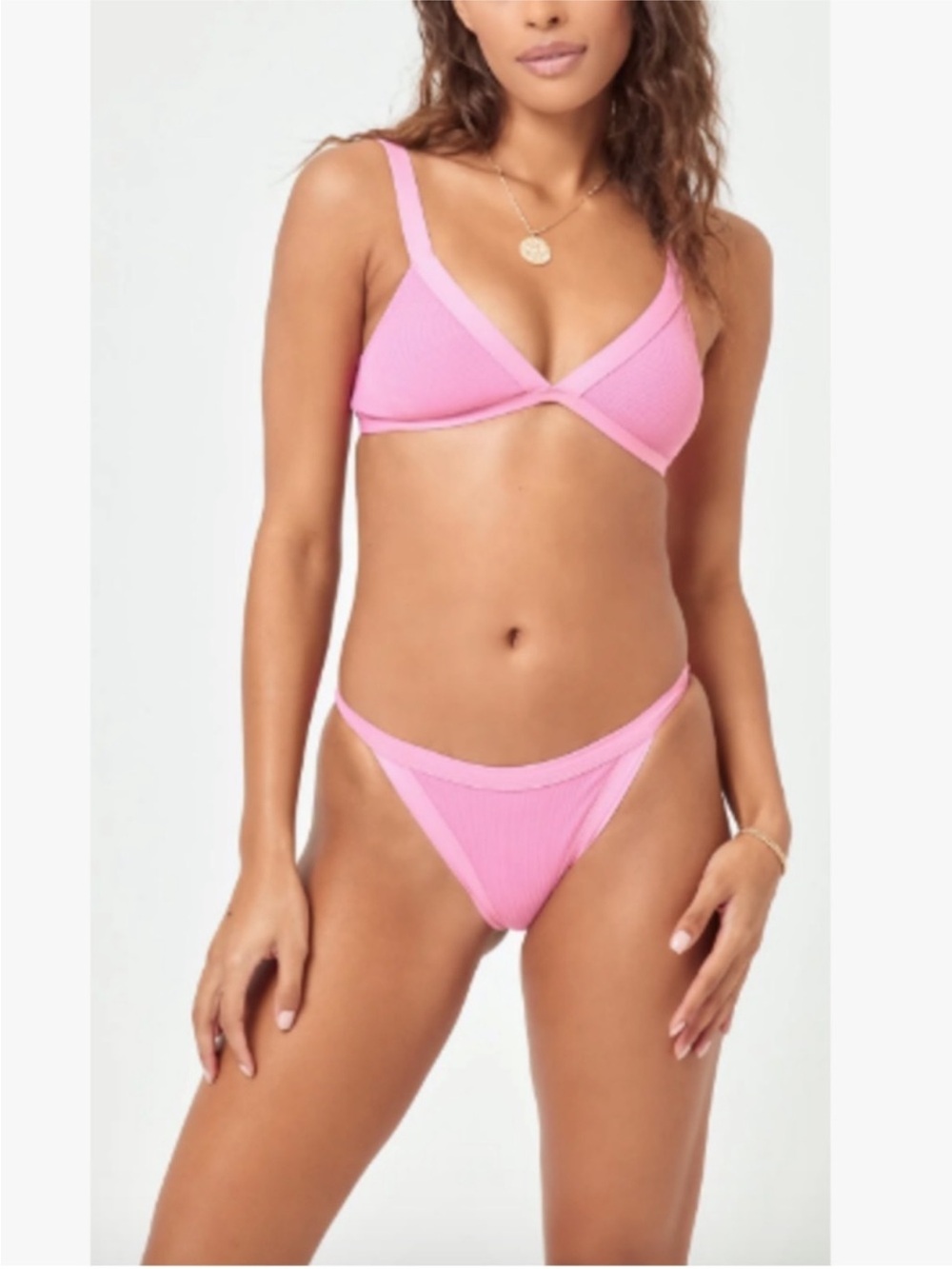 L*SPACE Farrah Guava Pink Ribbed Bikini Two Piece Set NWT Size Large